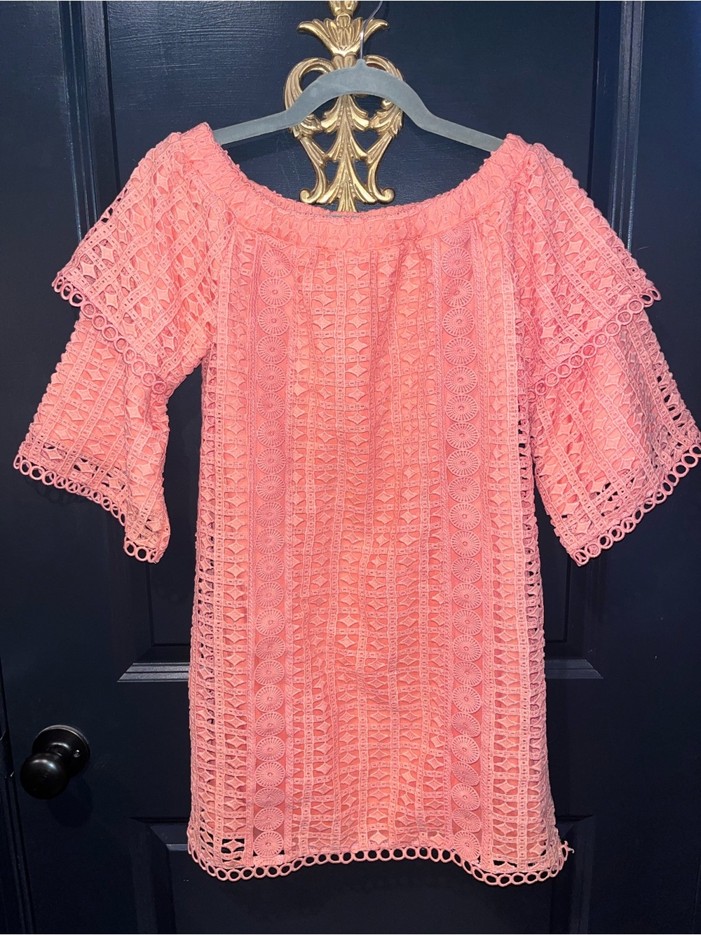 Pink Lily Coral Crochet Off/On Shoulder Dress
